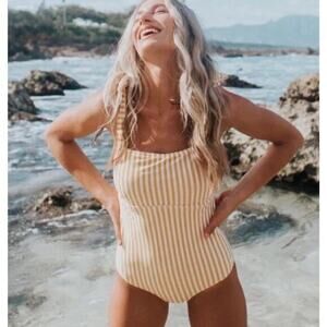 Albion The Cabana Yellow & White Stripe One Piece‎ Swimsuit Shoulder Tie Size XS